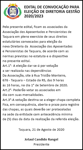 Edital de convocação Associação dos Aposentados e Pensionistas de Taquara
