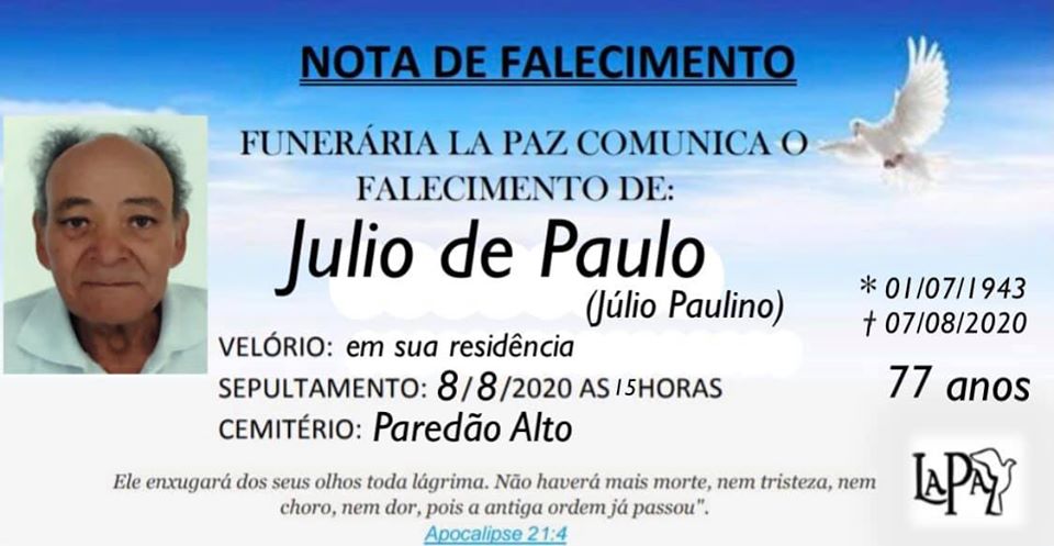Falecimento de Júlio de Paula (Júlio Paulino)