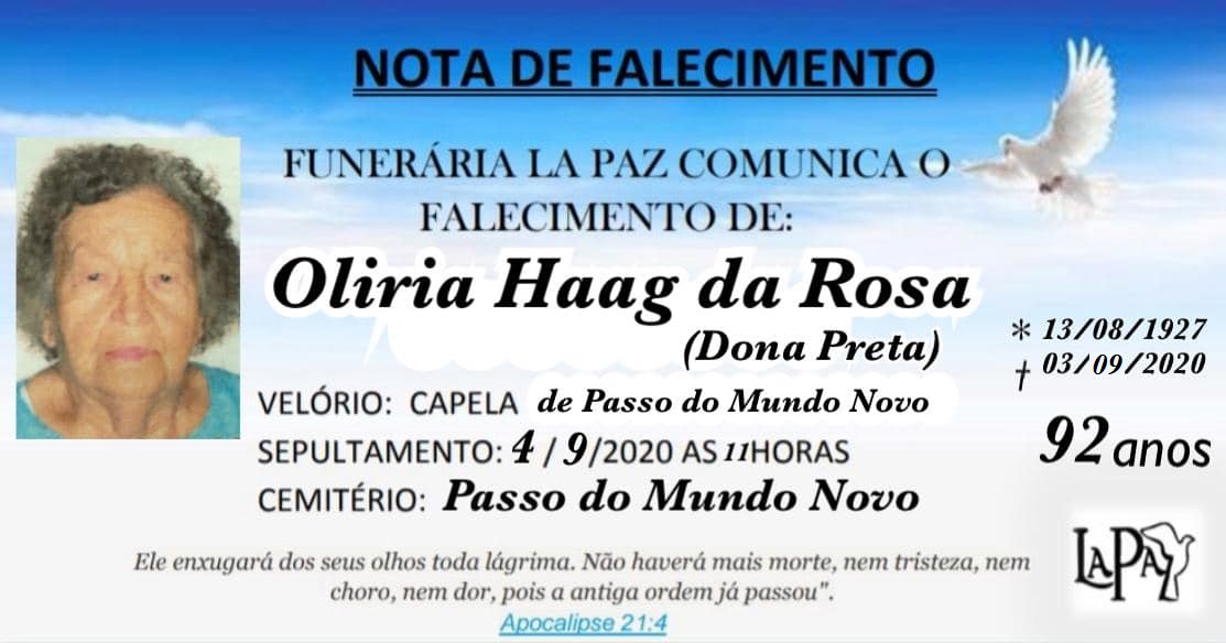 Falecimento de Olíria Haag da Rosa (Dona Preta)