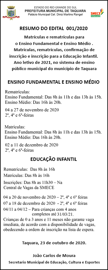 Edital matrículas e rematrículas em Taquara