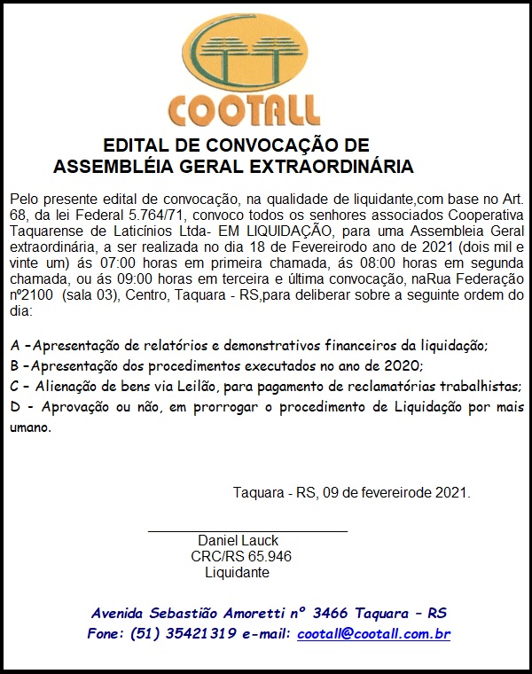 Edital Cootall - Em liquidação