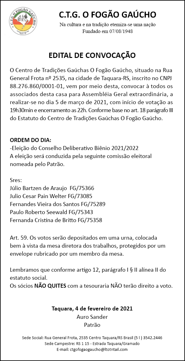 Edital de Convocação | CTG O Fogão Gaúcho