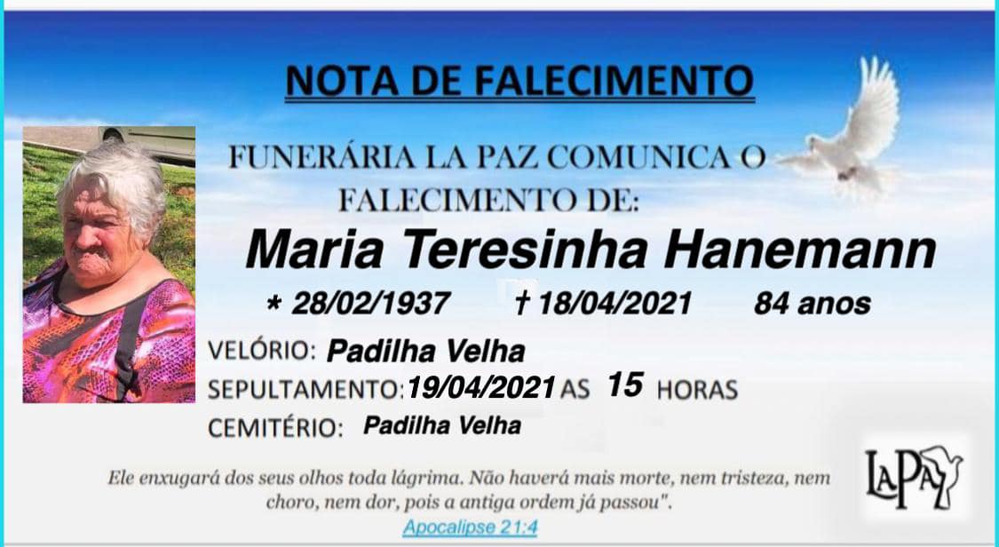 Falecimento de Maria Teresinha Hanemann