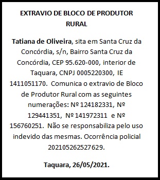 Extravio de Bloco de Produtor Rural | Tatiana de Oliveira