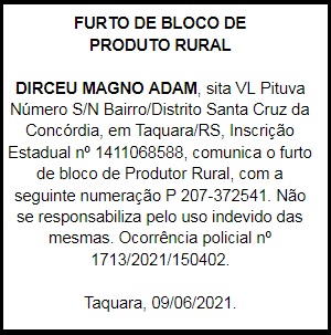 Furto de bloco de produtor | Dirceu Magno Adam
