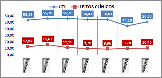 Ocupação das UTIs na região fica em 50% neste domingo (11); leitos clínicos estão em 10%