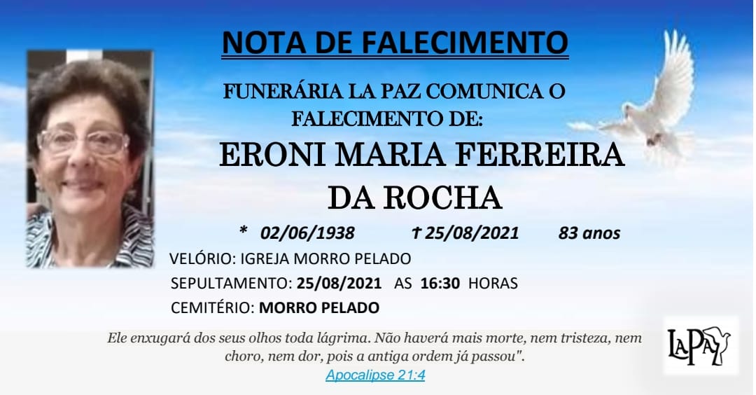 Falecimento de Eroni Maria Ferreira da Rocha
