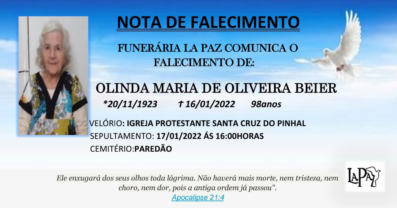 Falecimento de Olinda Maria de Oliveira Beier