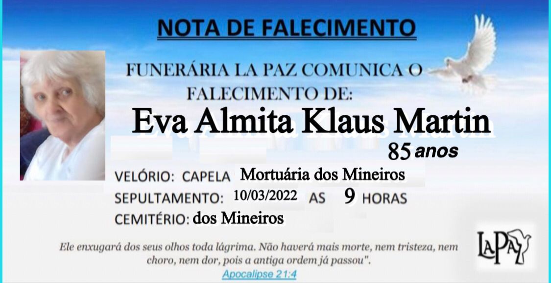 Falecimento | Eva Almita Klaus Martin