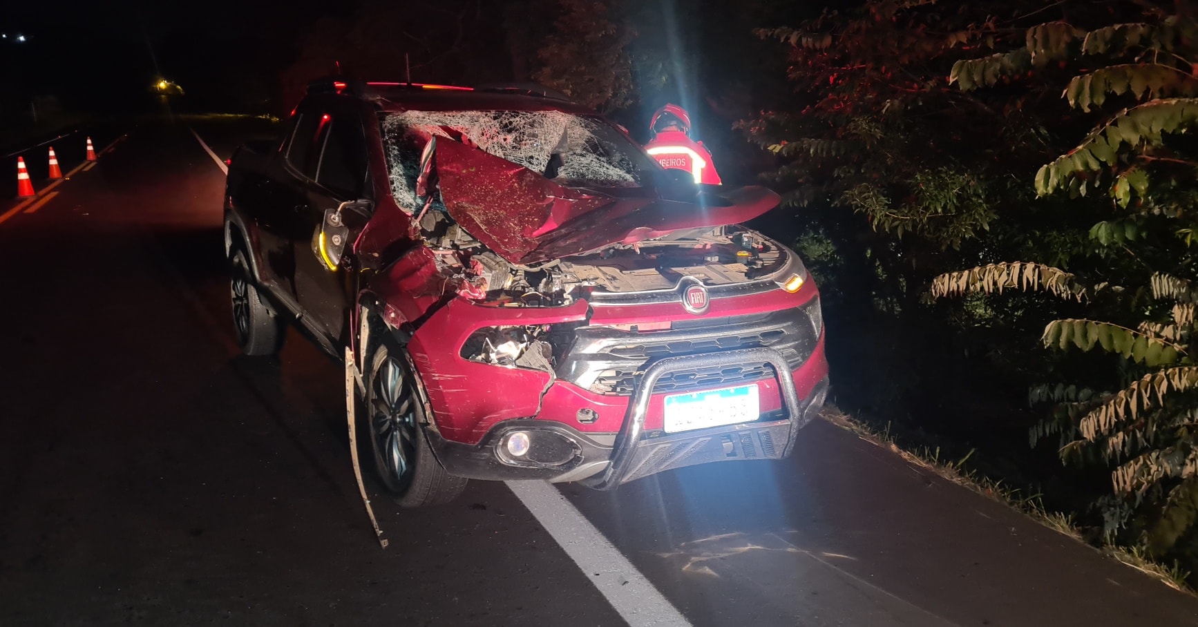 Veículo fica com a frente destruída após colisão em cavalo na ERS-115 em Igrejinha