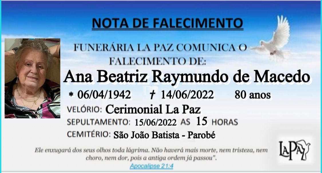 Falecimento | Ana Beatriz Raymundo de Macedo