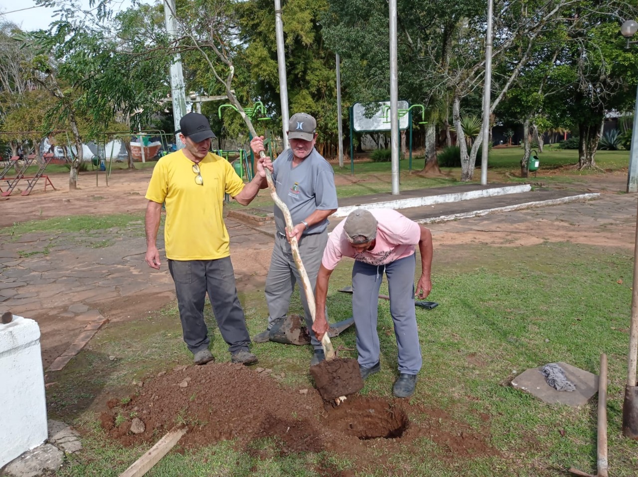 Mudas de árvores são plantadas na Praça da Bandeira em Taquara