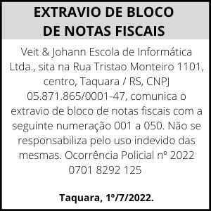 Extravio de Bloco de Notas Fiscais | Veit & Johann Escola de Informática
