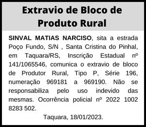 Extravio de bloco de notas | Sinval Matias Narciso