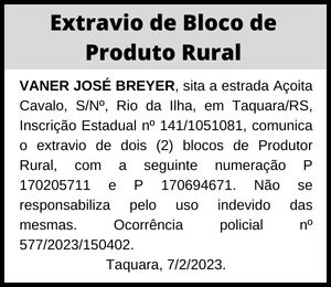 Extravio de bloco de notas | Vaner José Breyer
