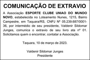Comunicação de Extravio | Esporte Clube União do Mundo Novo