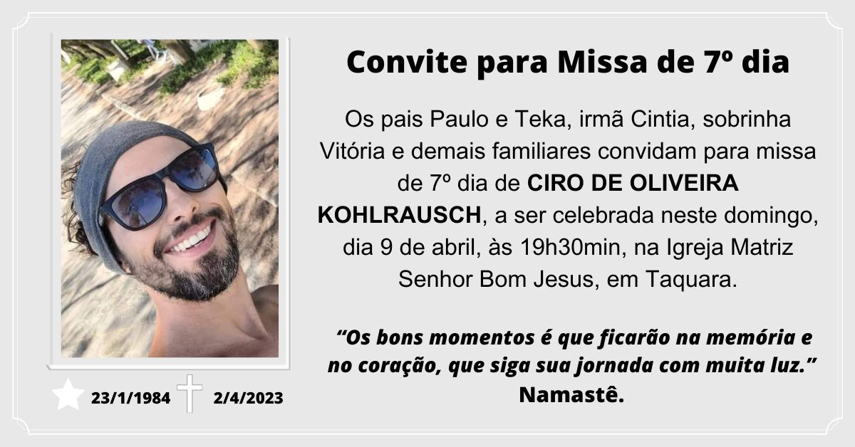 Convite para Missa 7º dia | Ciro de Oliveira Kohlrausch