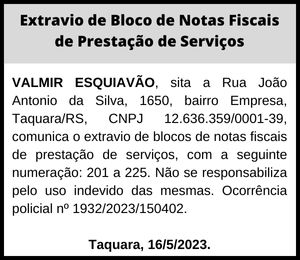 Extravio de Bloco de Notas Fiscais de Prestação de Serviços | VALMIR ESQUIAVÃO