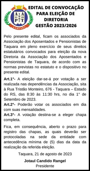 Edital | Associação dos Aposentados e Pensionistas de Taquara