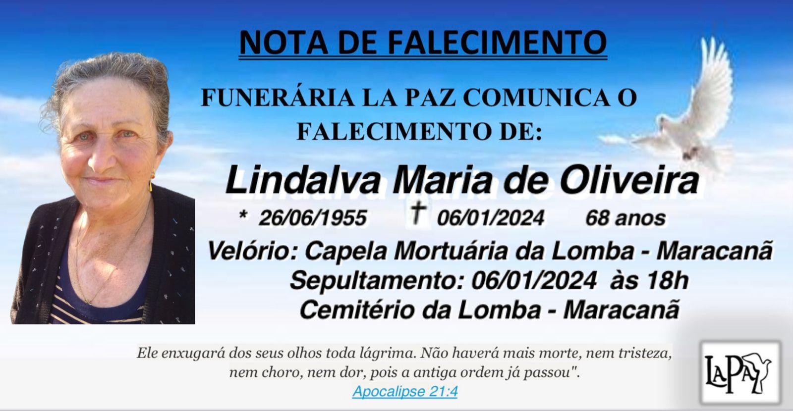 Falecimento | Lindalva Maria de Oliveira