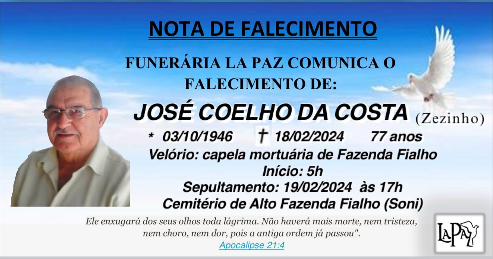 Falecimento | José Coelho da Costa (Zezinho)