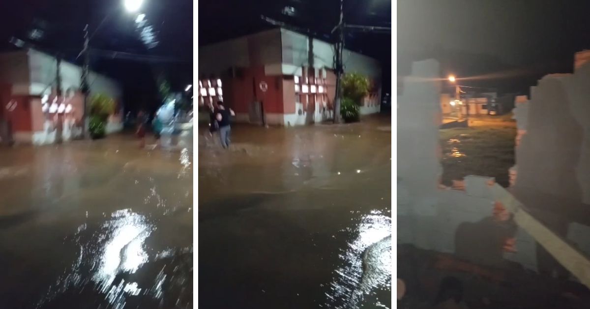 Centro de Taquara alaga com temporal e município registra casas destelhadas