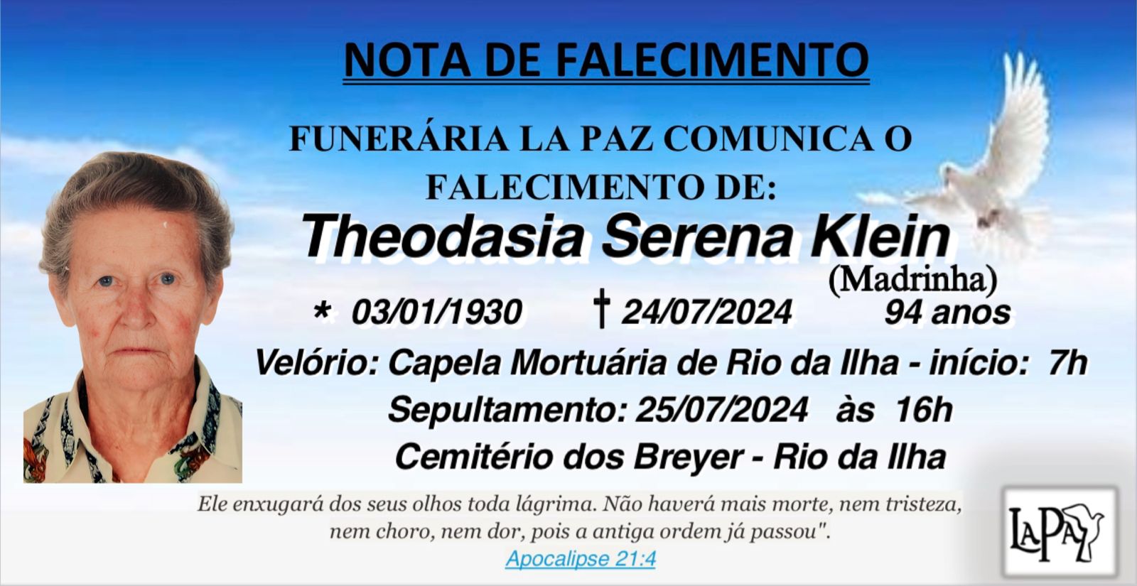Falecimento | Theodasia Serena Klein (Madrinha)