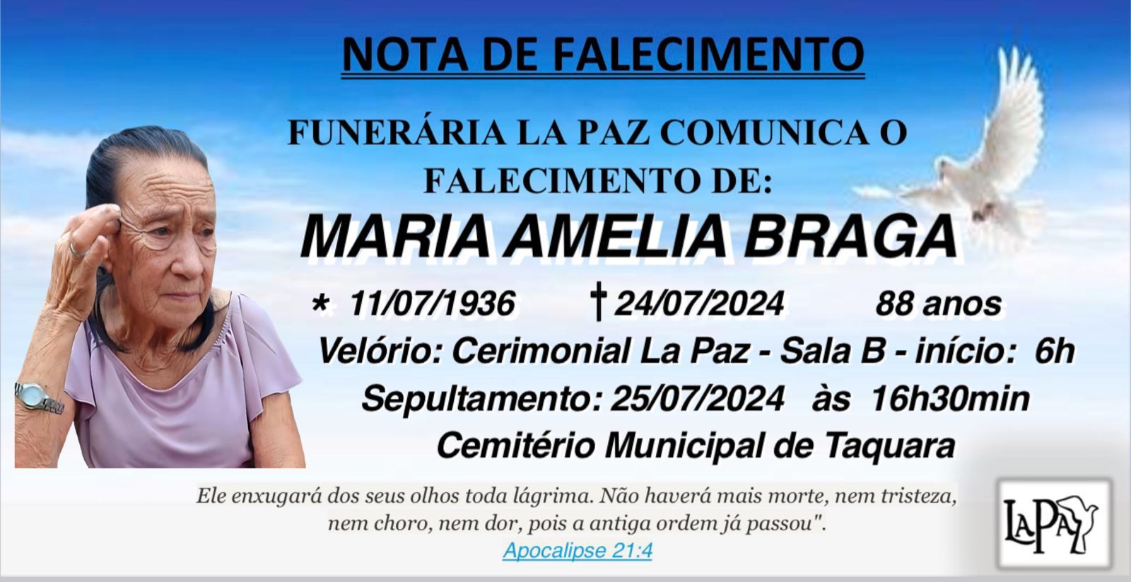 Falecimento | Maria Amelia Braga