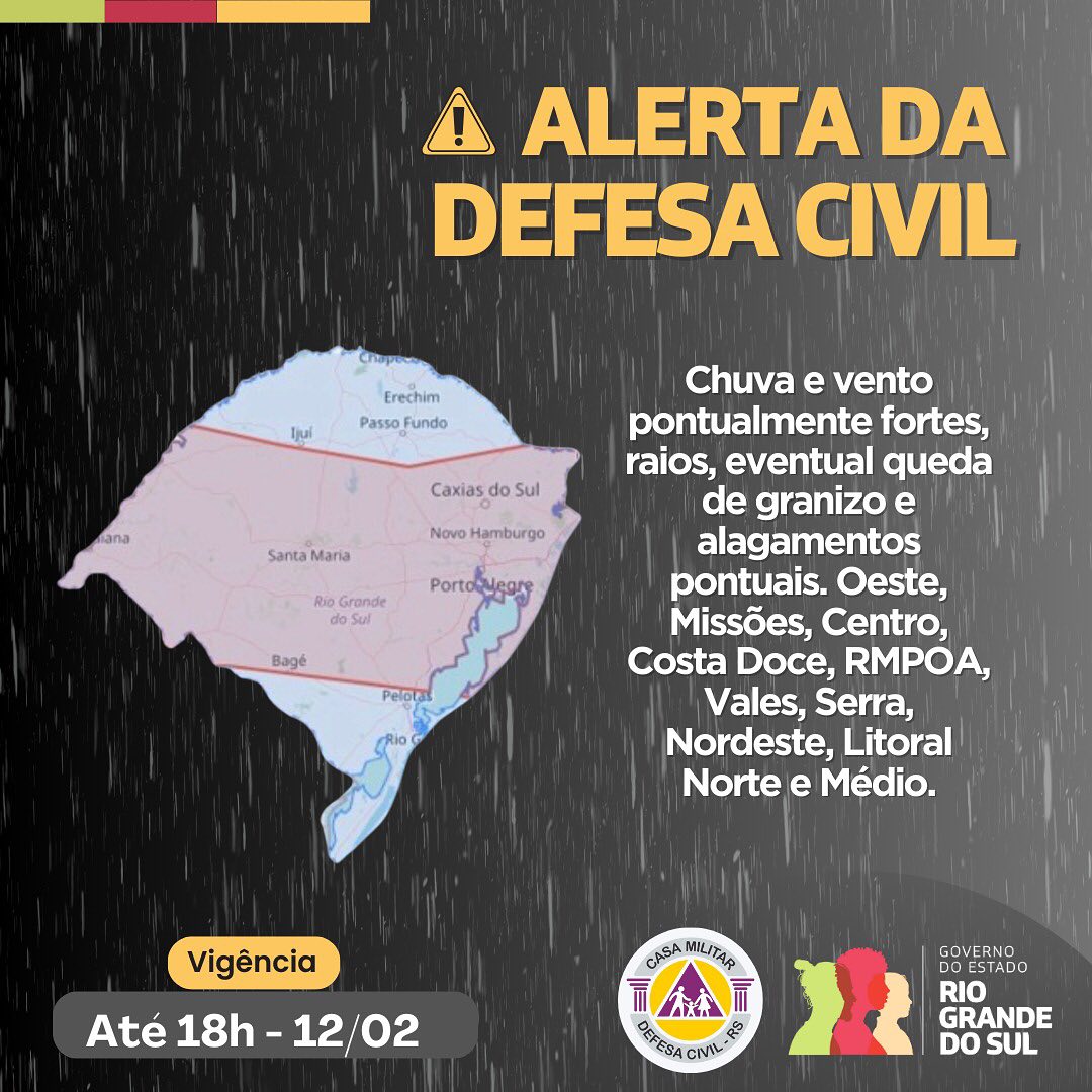 Defesa Civil emite alerta para temporais no Rio Grande do Sul