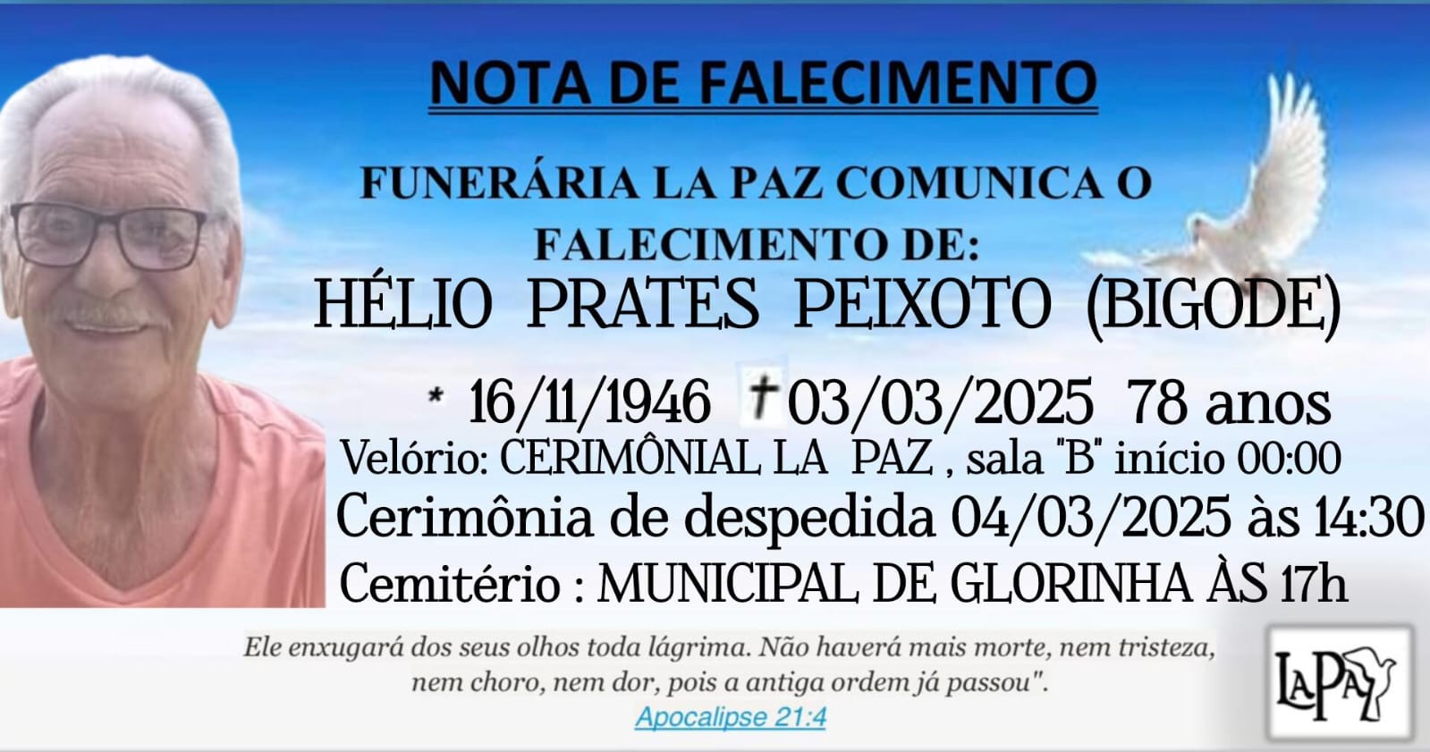 Falecimento | Hélio Prates Peixoto (Bigode)