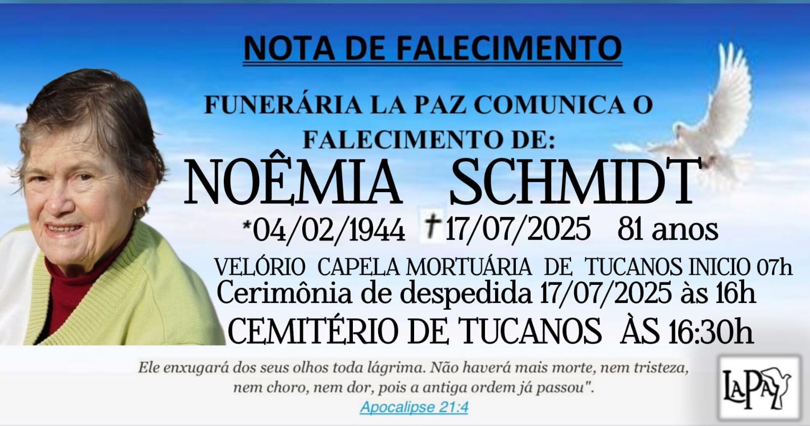 ✝️ FALECIMENTO | Noêmia Schmidt