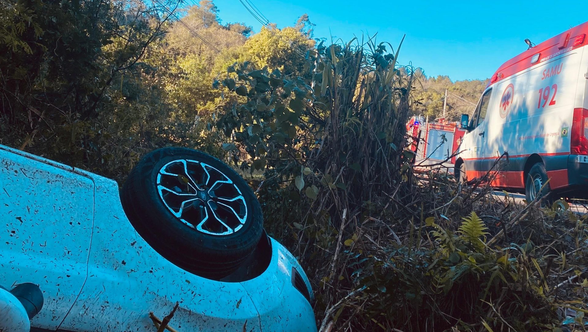 Condutora fica ferida após capotar carro ao desviar de cachorro na ERS-020, em Taquara