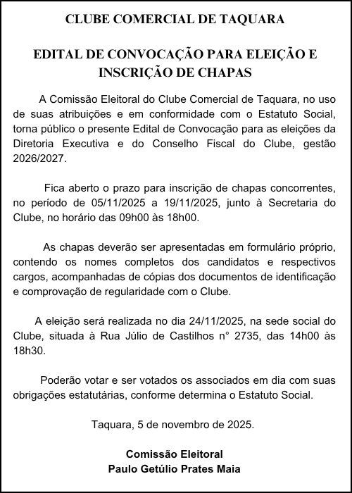 Edital | Clube Comercial de Taquara