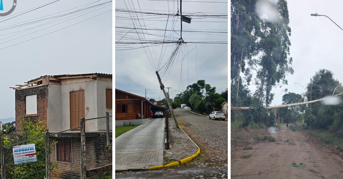Temporal com ventania causa destelhamentos, queda de árvores e postes em Taquara
