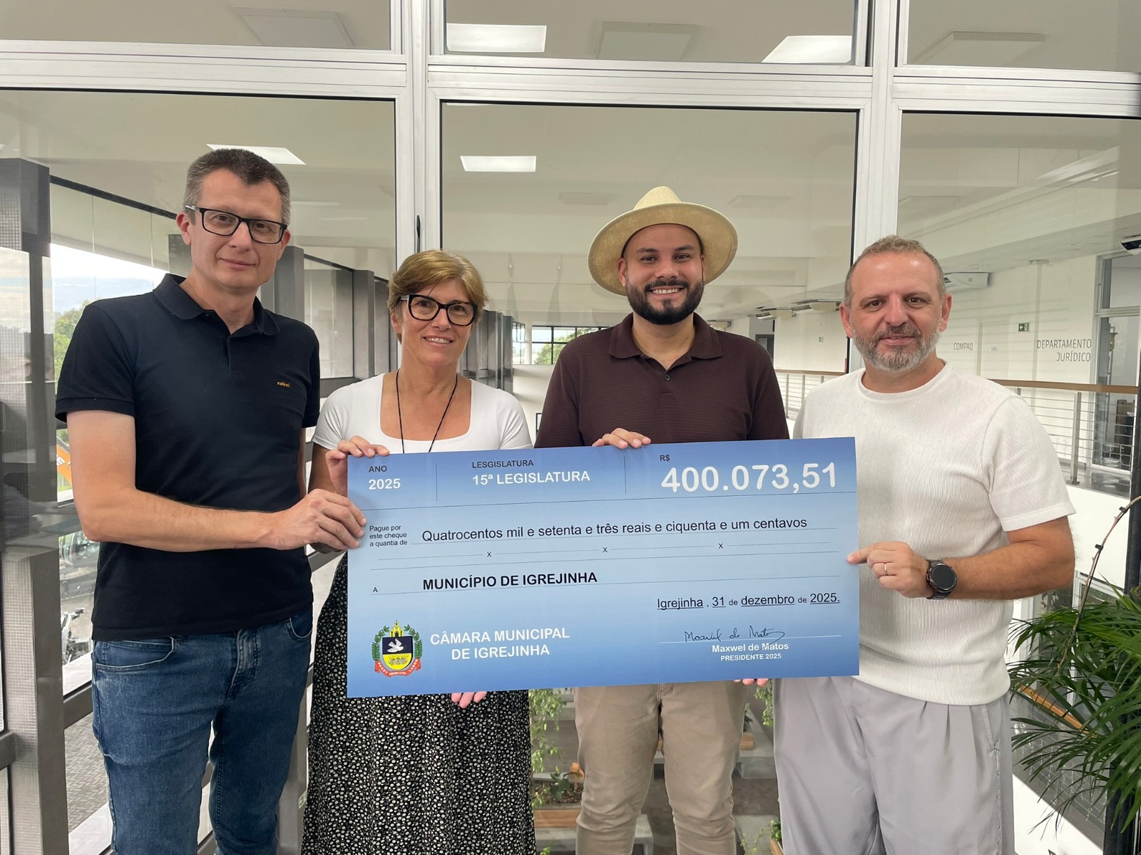 Câmara de Vereadores de Igrejinha repassa R$ 400 mil à Prefeitura