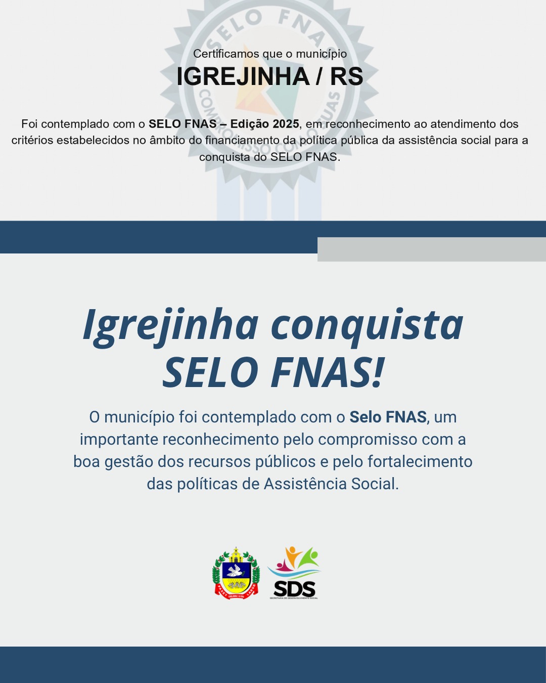 Igrejinha é reconhecida com Selo FNAS 2025 pela boa gestão dos recursos da assistência social