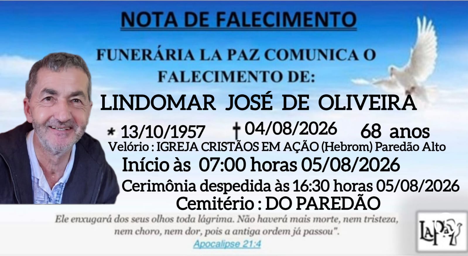 ✝️ Falecimento | Lindomar José de Oliveira