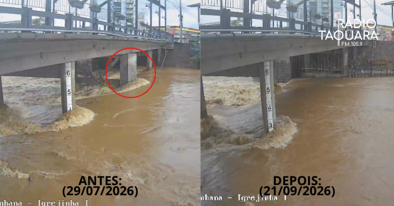 Rio Paranhana chega a três metros em Igrejinha e derruba pilar da ponte do centro da cidade
