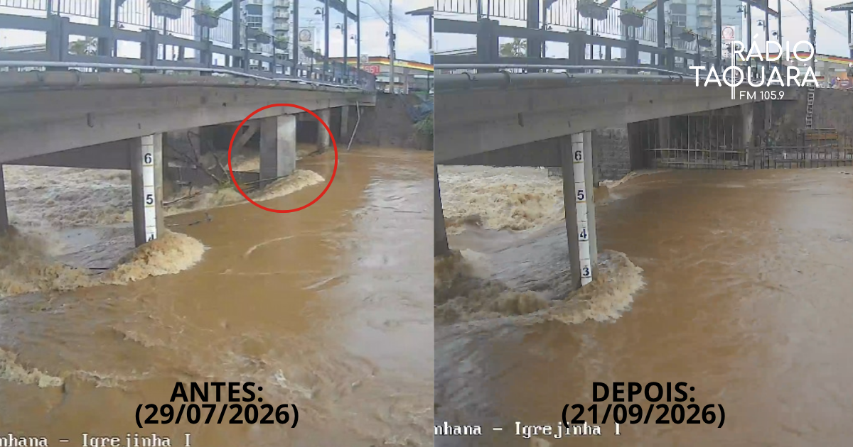 Rio Paranhana chega a três metros em Igrejinha e derruba pilar da ponte do centro da cidade